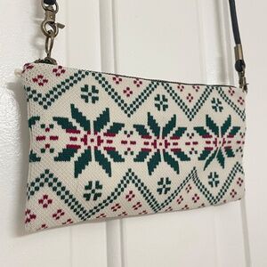 White, Green, and Red Fairisle Winter Knitted Sweater Purse With Long Chain